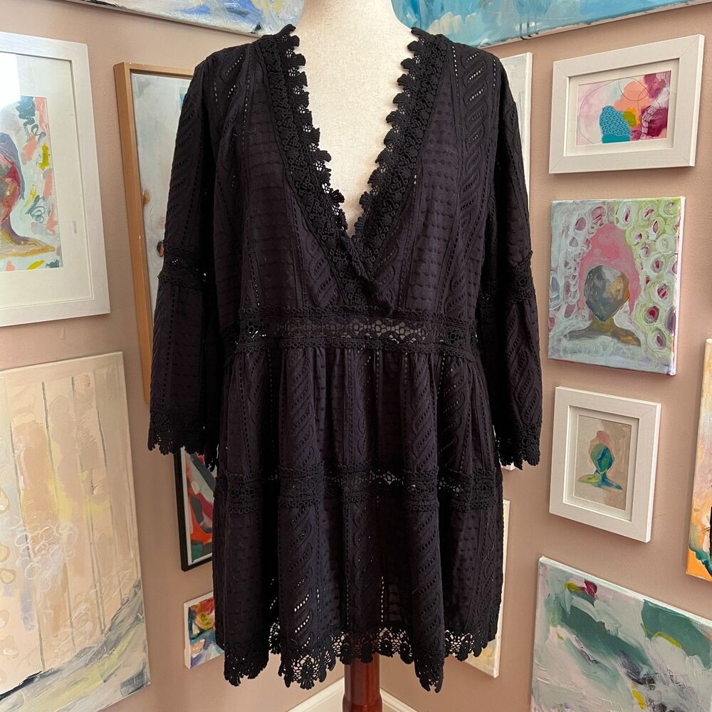 Melissa Odabash Black Cotton Eyelet Lace Boho Tunic Dress Cover Up Size L